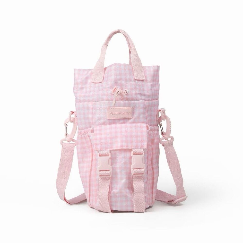 Blogilates Water Bottle Sling Pink Gingham Carrier Bag Adjustable Strap